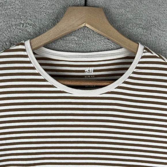 H&M Slim Fit Striped T-Shirt Mens L Brown White Crew Neck Casual Top - Picture 3 of 8